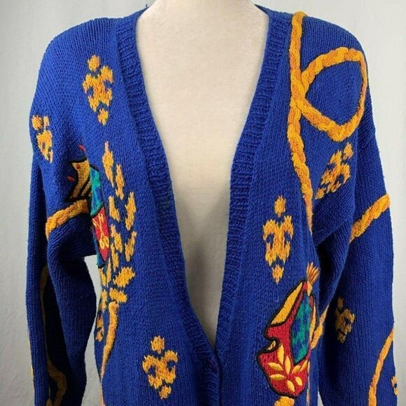 Vintage 80s Hand Knitted Cardigan Sweater M Blue Crest Shoulder Pads Embroidered - Picture 1 of 9